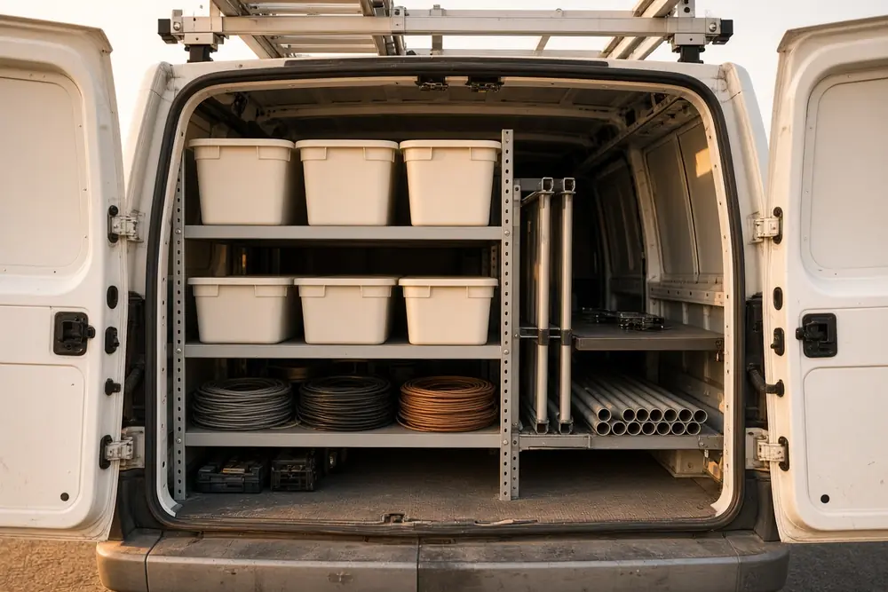 Inside the RRJ Electric van: labeled bins, wire spools and conduit, squared away