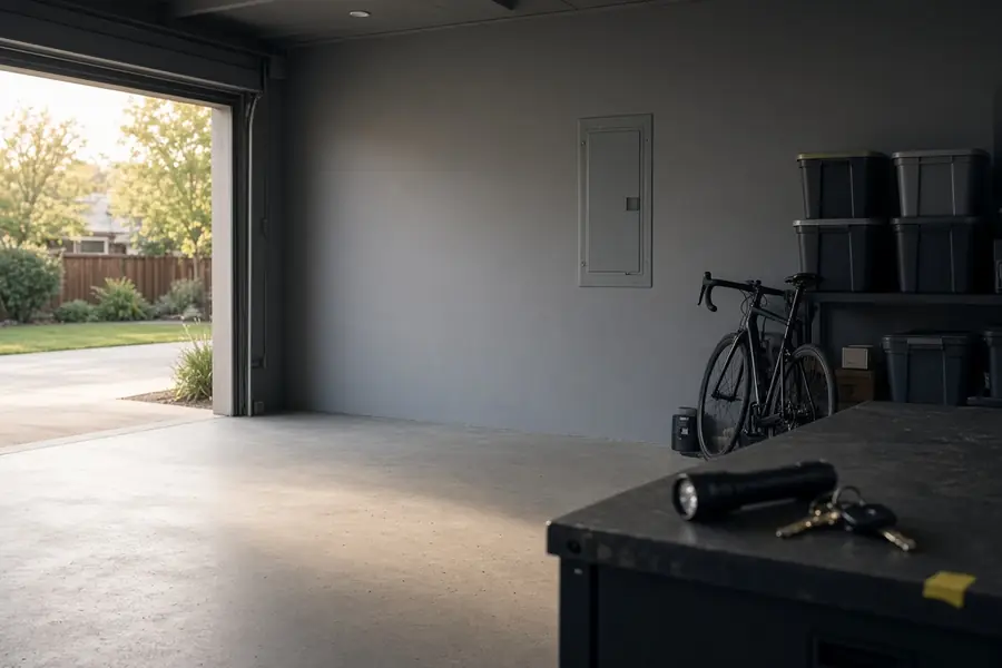 Tidy garage with a clear path to the electrical panel, flashlight and keys on the workbench