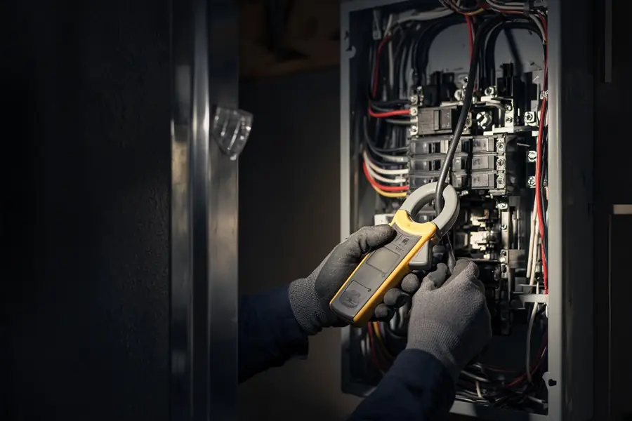 Electrician using a clamp meter on a single conductor inside an open breaker panel