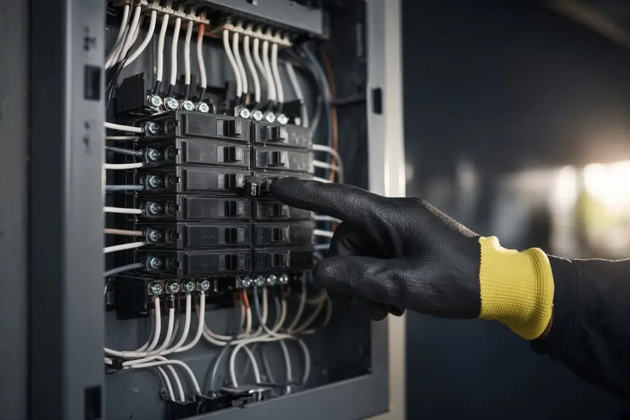 Gloved fingertip resetting a single tripped breaker in a clean residential panel