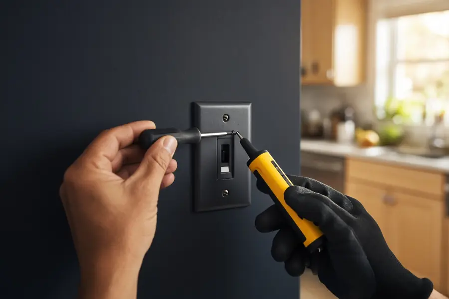 A bare hand with a screwdriver and a gloved hand with a voltage tester at a kitchen dimmer switch