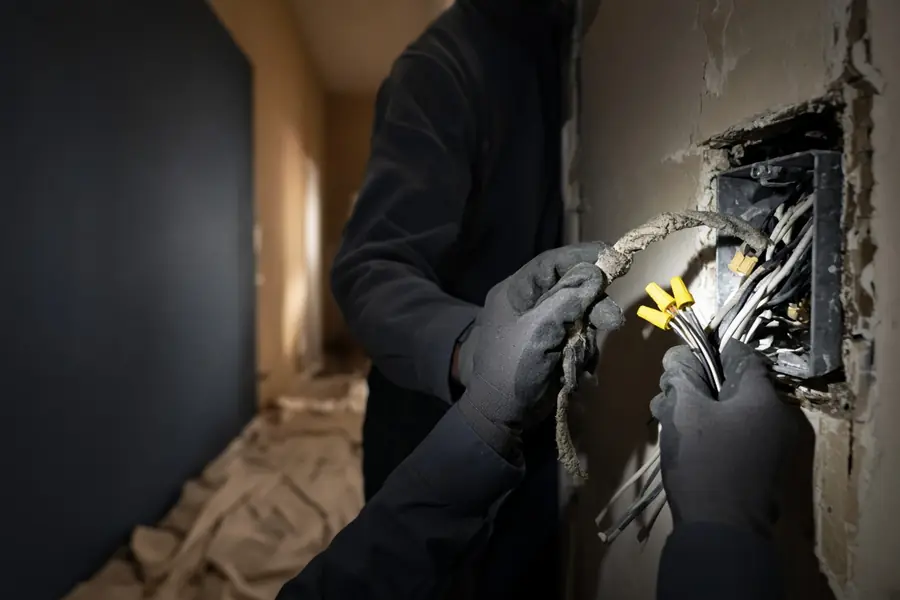 Electrician replacing old wiring inside an opened wall box with new capped conductors