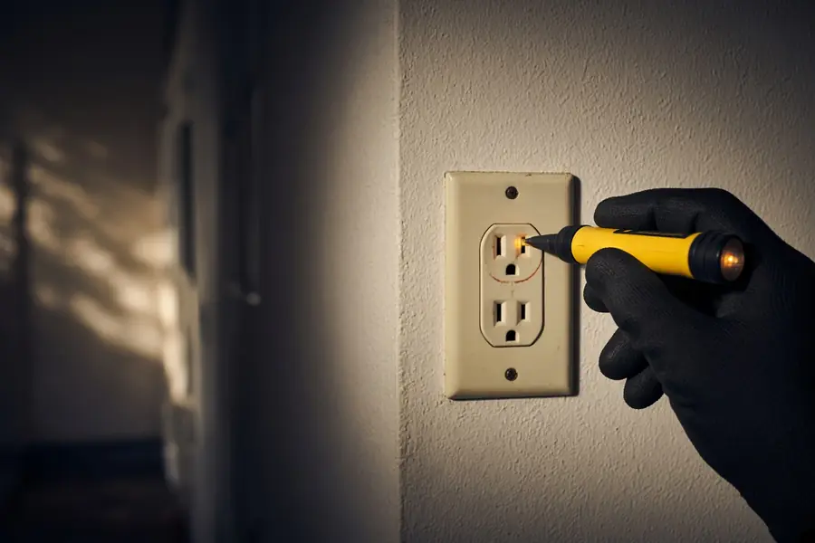 Non-contact voltage tester checking an aging hallway outlet with a faint discoloration ring
