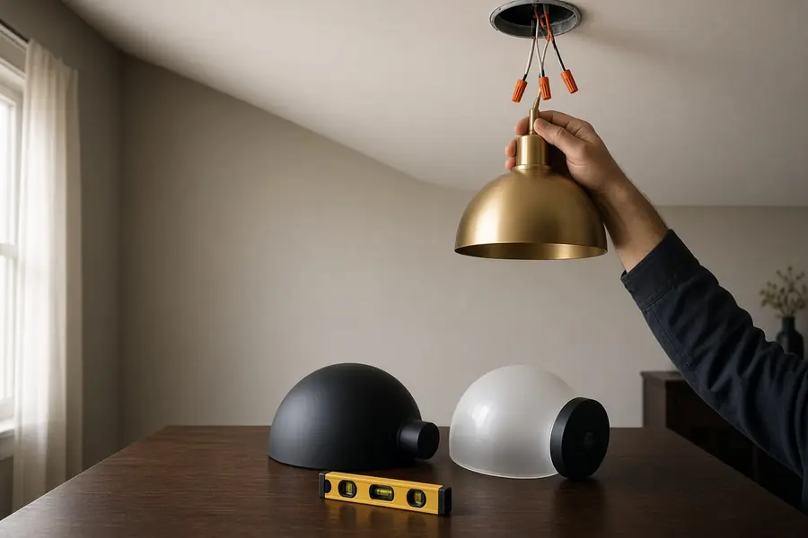 Three pendant fixtures on a dining table while an electrician holds one up to size it