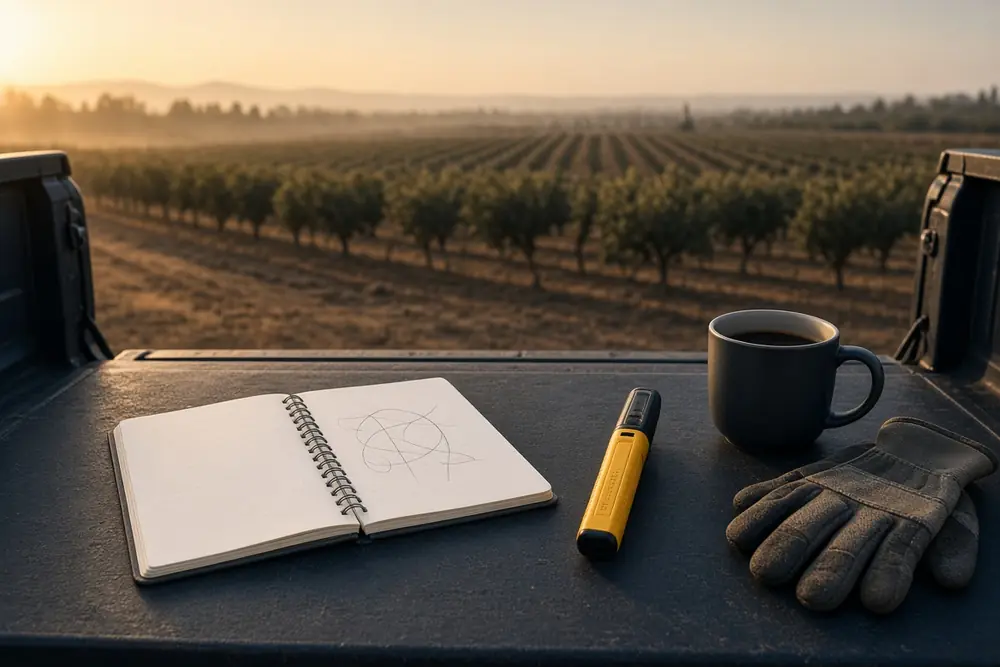 Notebook, voltage tester, coffee and work gloves on a pickup tailgate at golden hour over Central Valley orchards