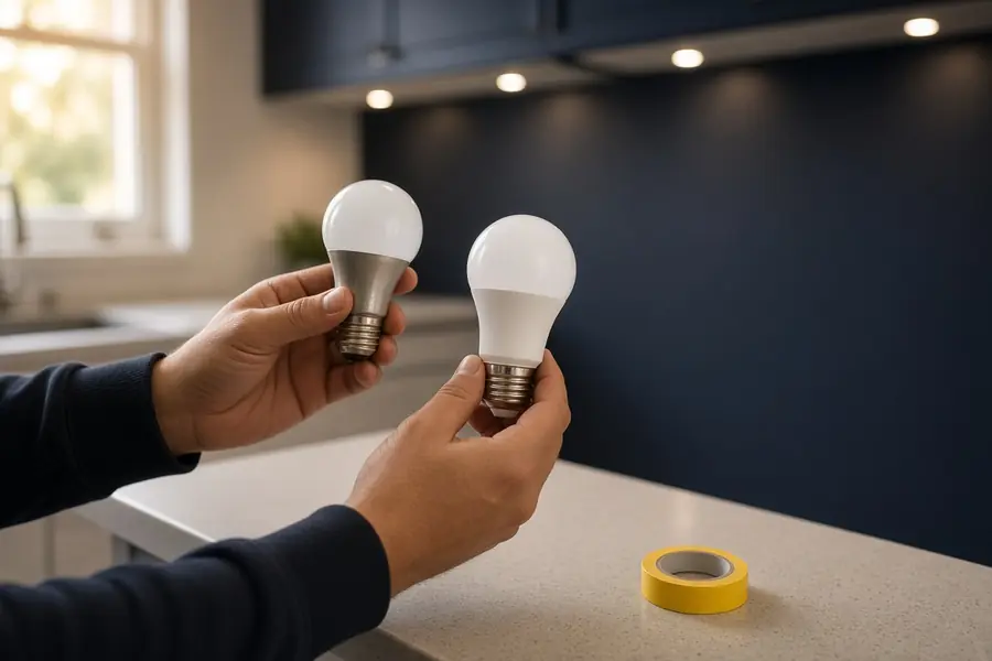 Hand holding an old incandescent bulb next to a new LED bulb in a kitchen lit by recessed LEDs