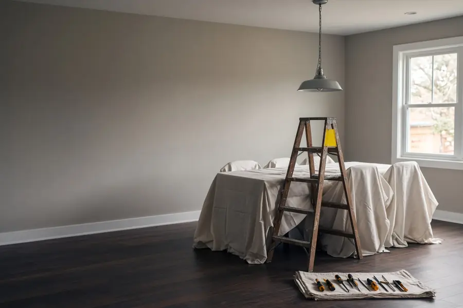 Dining room prepped for lighting work: furniture under drop cloths, ladder beneath the fixture