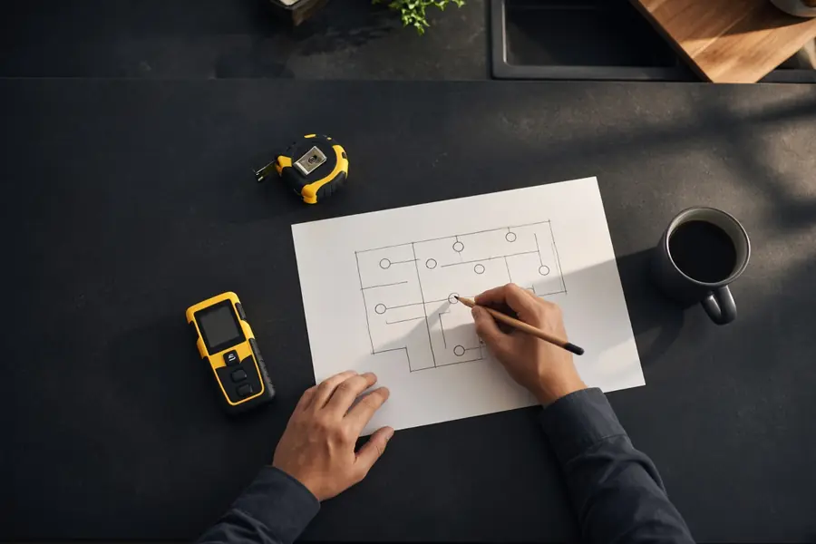 Electrician sketching a lighting layout on paper with a tape measure and laser meter nearby