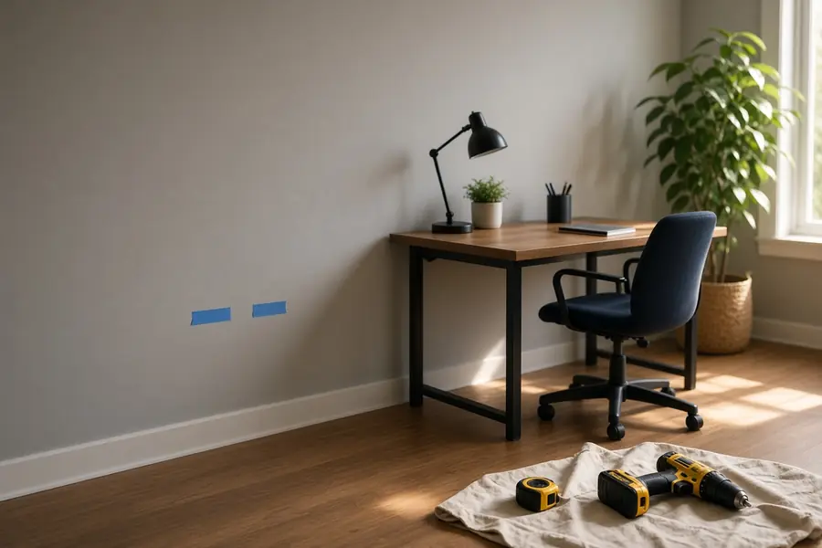 Home office with the desk pulled from the wall and painter's tape marking new outlet locations