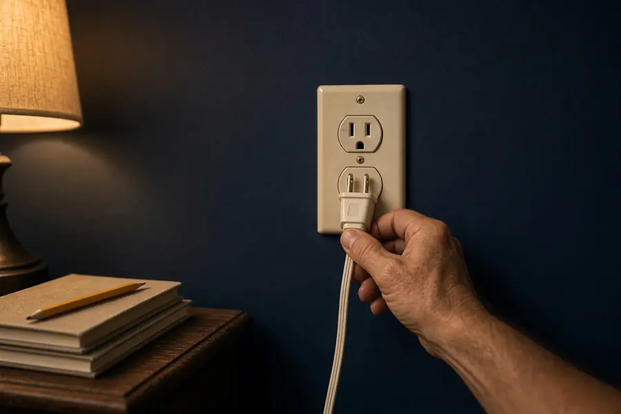 Hand pushing a lamp plug back into a worn bedroom outlet it keeps slipping out of