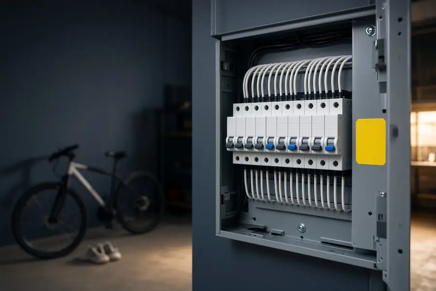 New open load center with a full row of modern breakers, a child's bike soft in the background