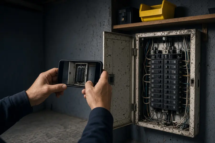 Homeowner photographing an old crowded electrical panel with a phone to send for an estimate