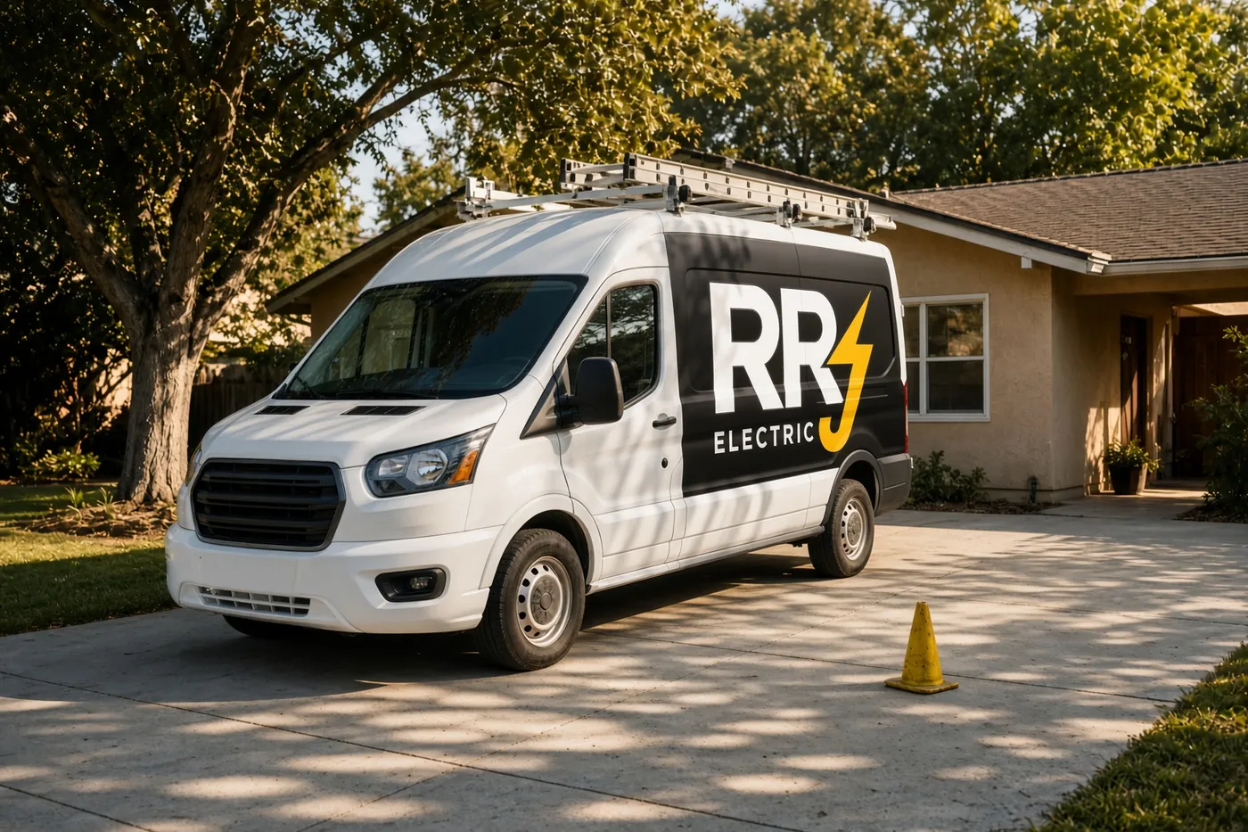RRJ Electric work van parked on a residential street in Modesto