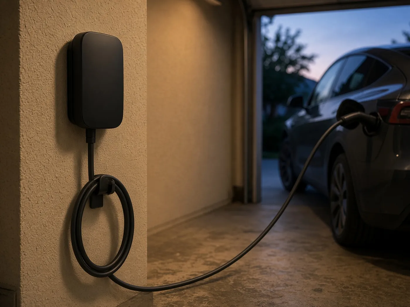 Level 2 EV charger installed in a home garage, plugged into an electric SUV