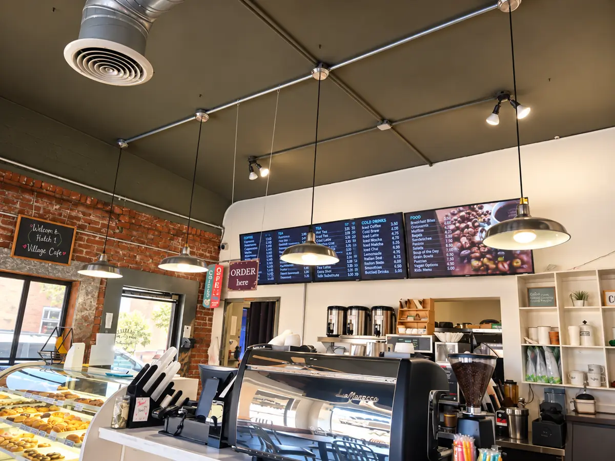 Track and pendant lighting inside a cafe