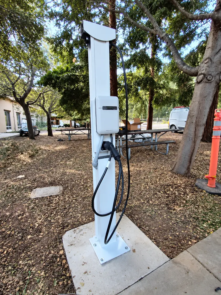 Pedestal EV charging station installed in a commercial parking area