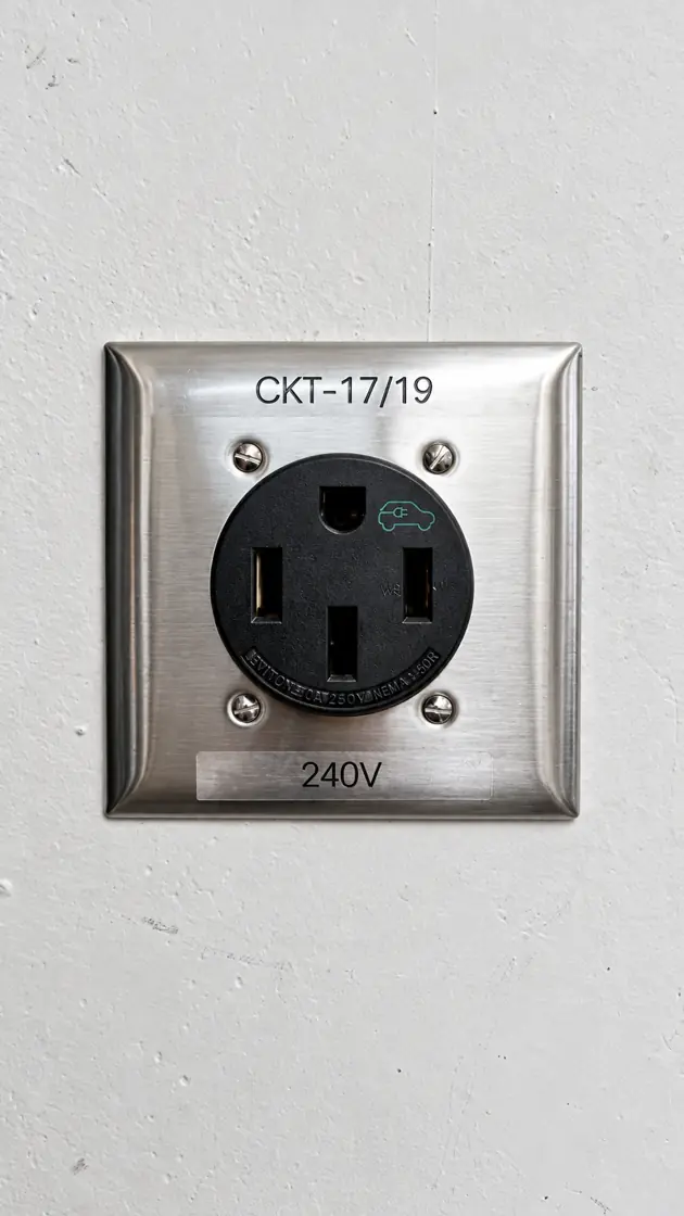 NEMA 14-50 240V outlet with a stainless cover plate labeled for EV charging