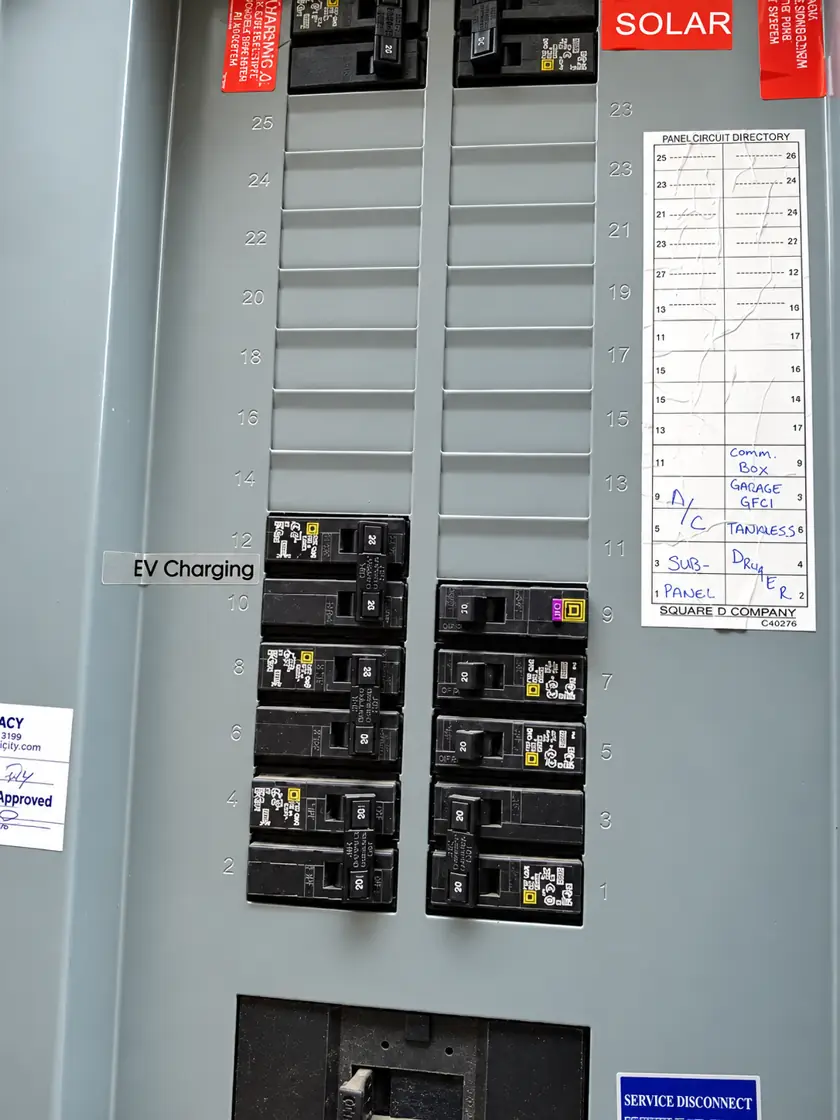 A finished panel on an RRJ Electric job, EV circuit labeled
