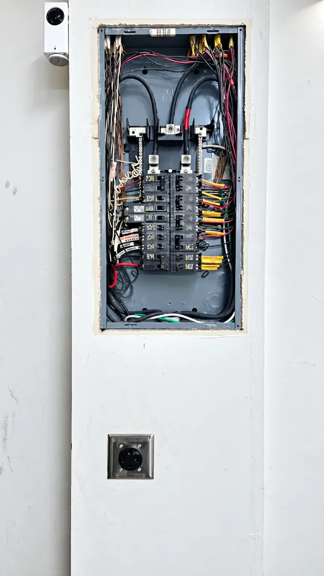 Open electrical panel during rough-in with breakers landed