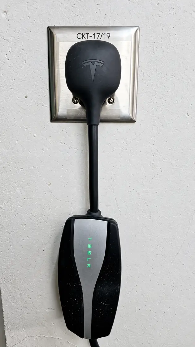 Tesla mobile connector plugged into a new 240V outlet